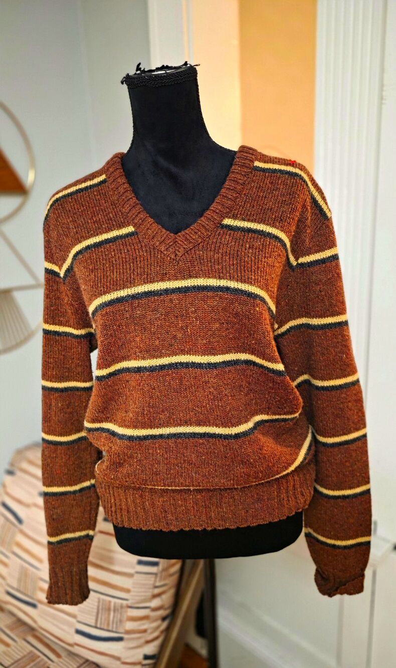 Panache Vintage Women’s Brown Striped Knit Wool V-Neck Ribbed Sweater L